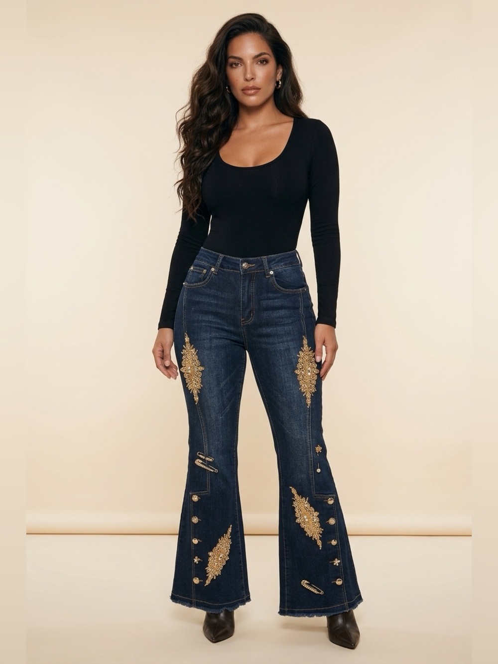 Upcycled rhinestone & pin & button detail Dark blue high rise Flare Jeans size S